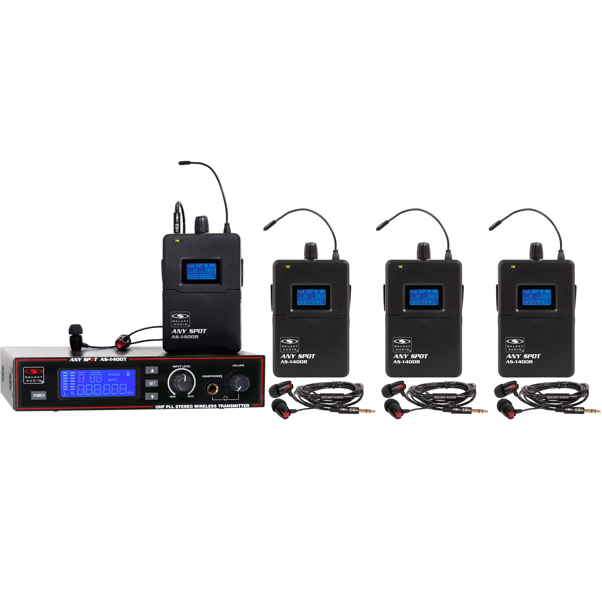 Galaxy Audio AS-1400-4 BAND PACK 275 Channel, Mixed Mono Mode, Stereo Wireless Personal In-Ear Monitor System with 4 Rec