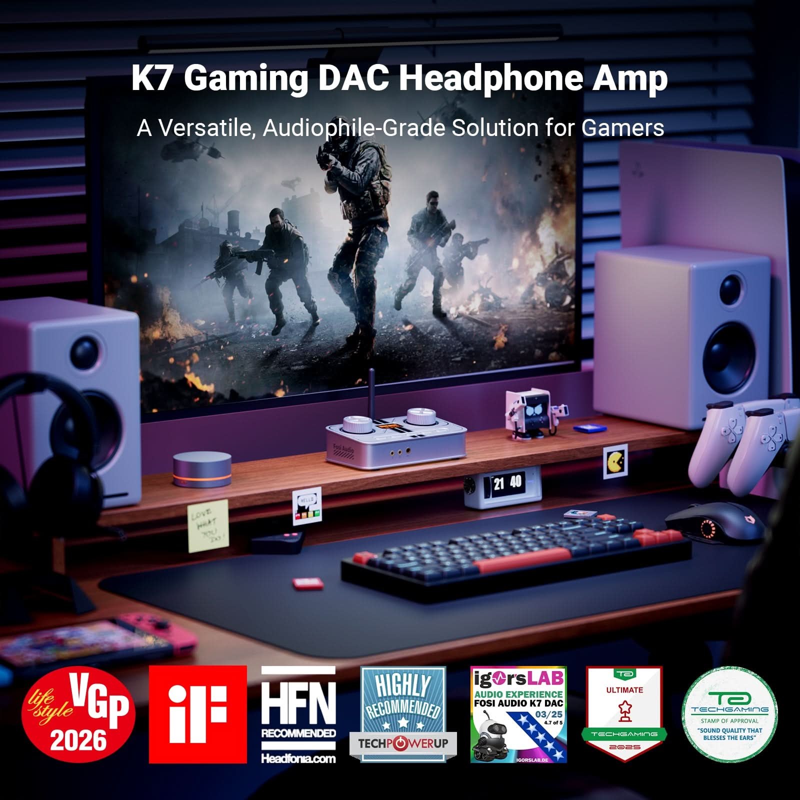 Fosi Audio K7 Gaming DAC/Headphone Amp, Silver gallery 1